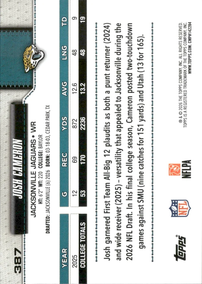 Josh Cameron card back