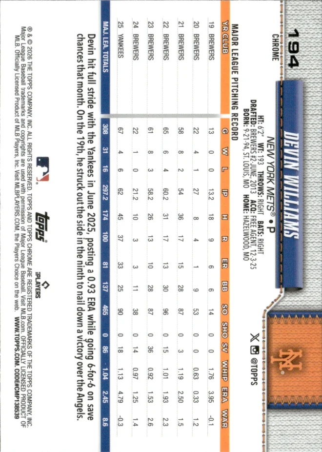 Devin Williams card back