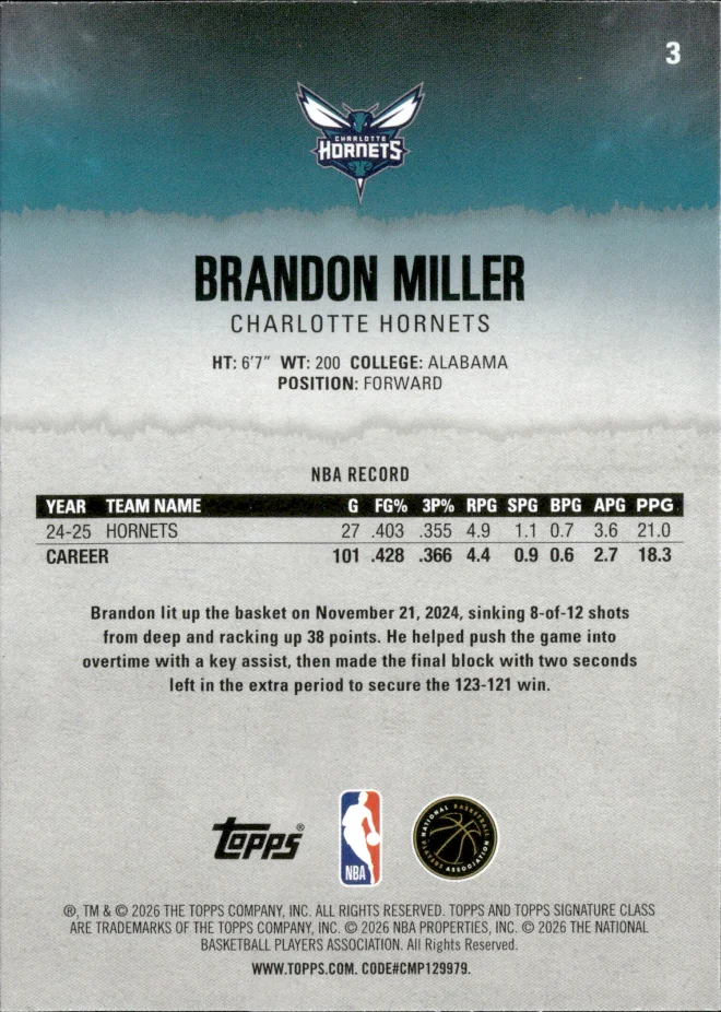Brandon Miller card back