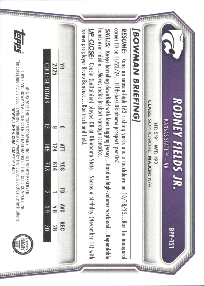 Rodney Fields Jr. card back
