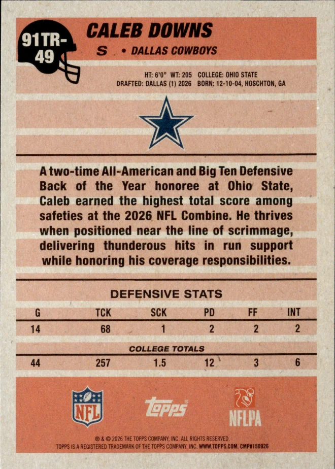 Caleb Downs card back