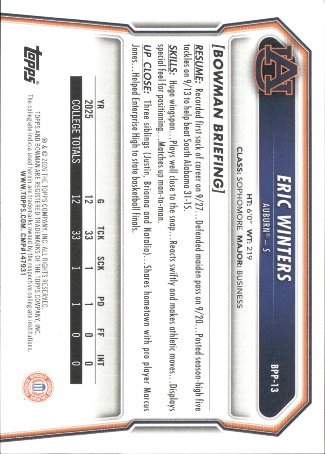 Eric Winters card back