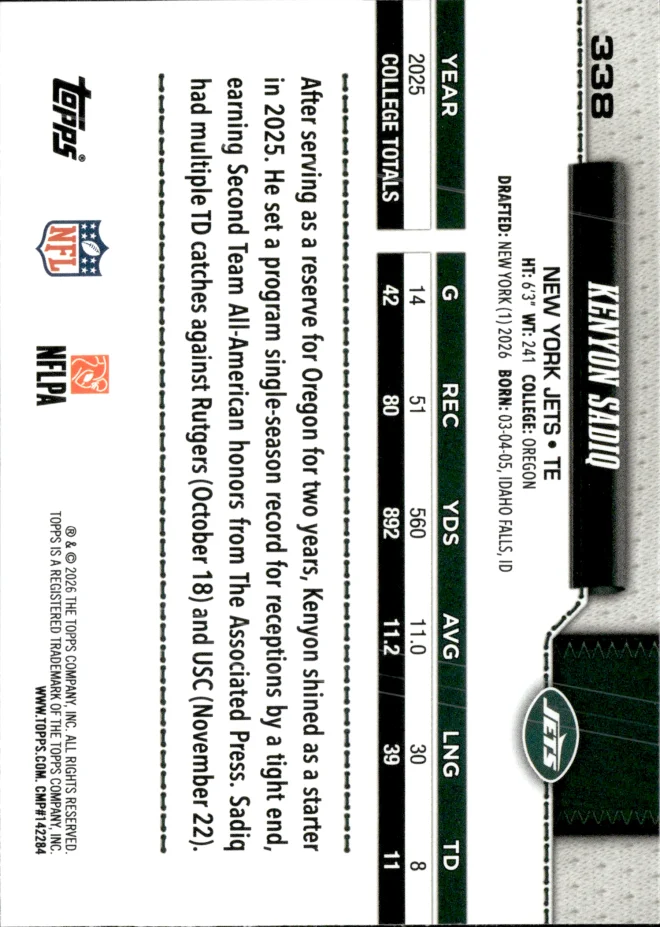 Kenyon Sadiq card back