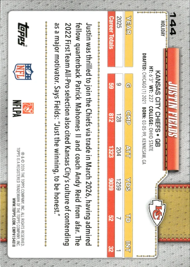 Justin Fields card back