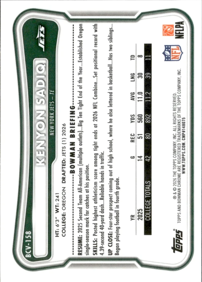 Kenyon Sadiq card back