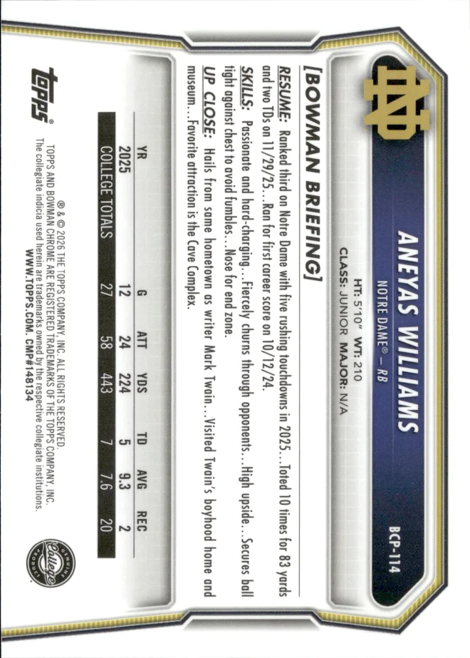Aneyas Williams card back