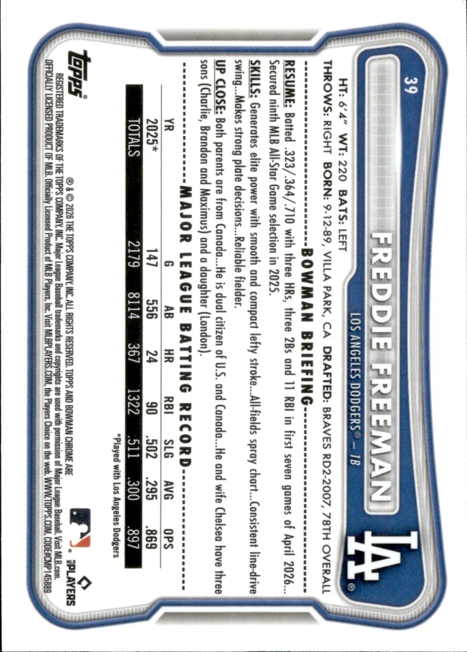 Freddie Freeman card back