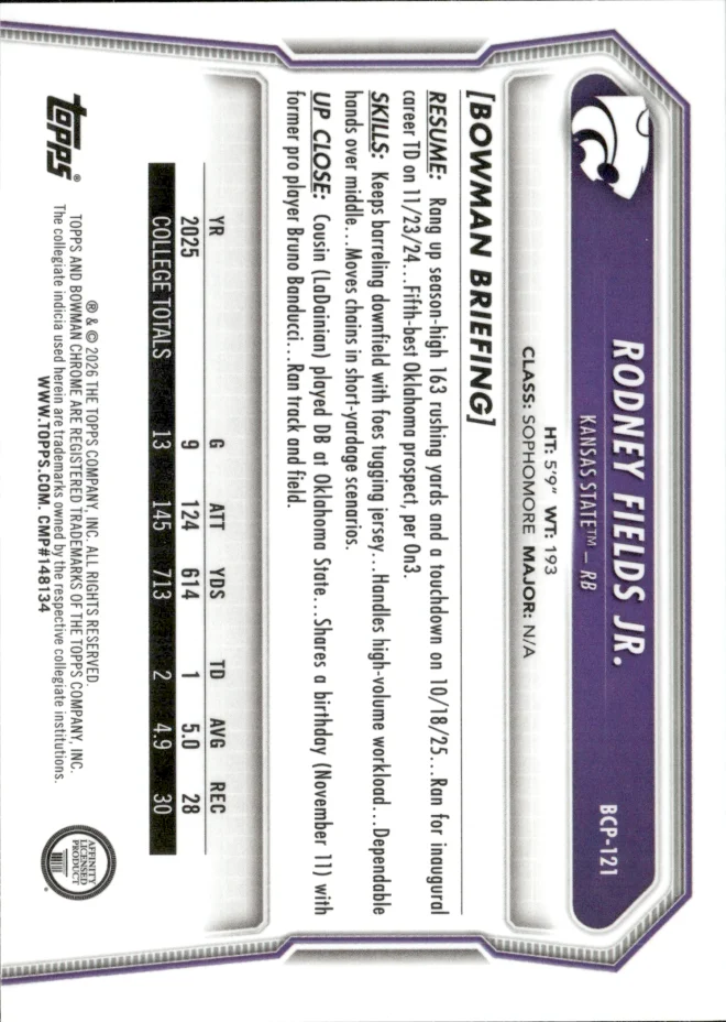 Rodney Fields Jr. card back