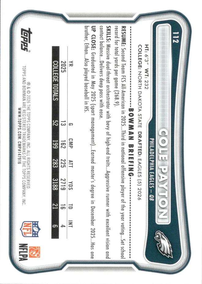 Cole Payton card back