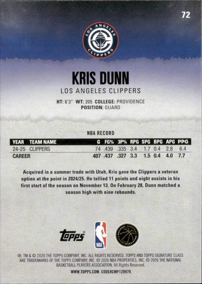 Kris Dunn card back