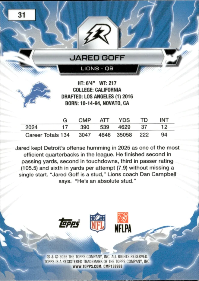 Jared Goff card back