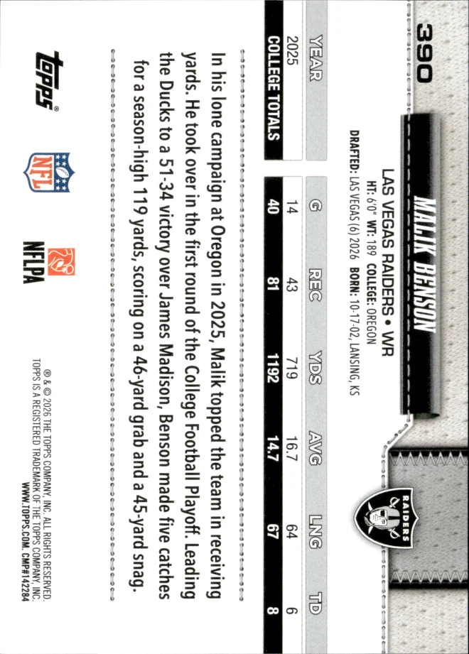 Malik Benson card back