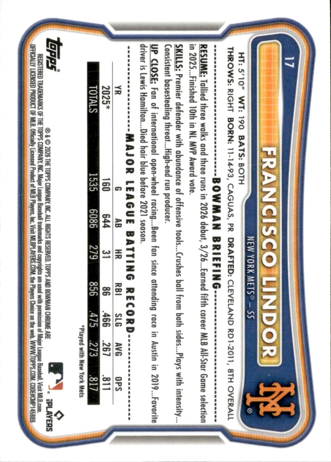Francisco Lindor card back