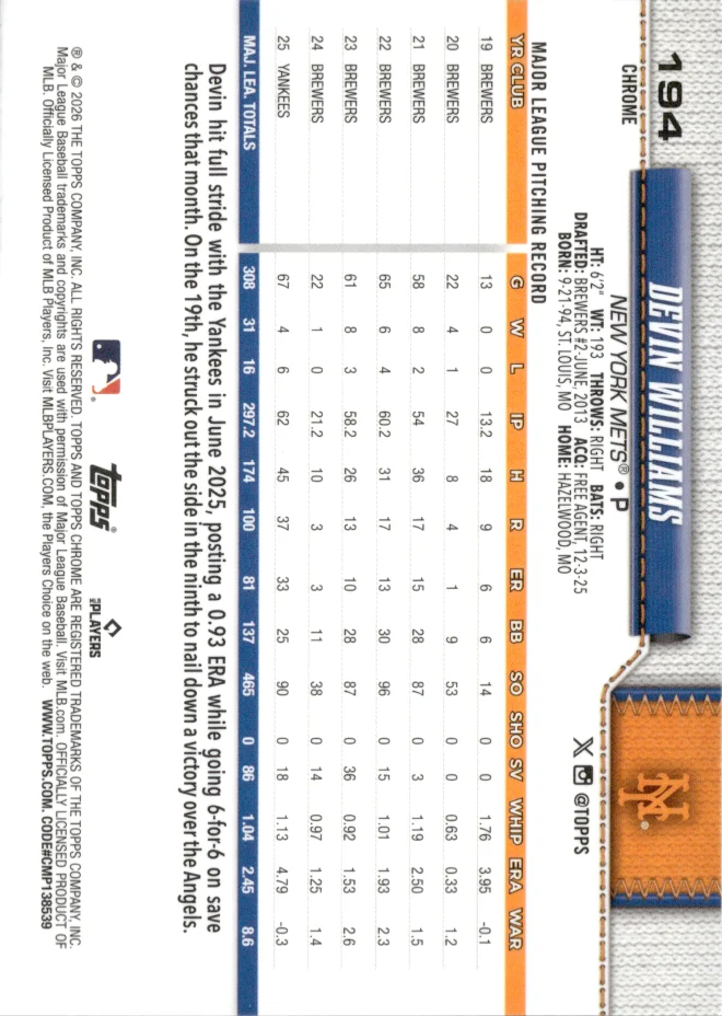 Devin Williams card back