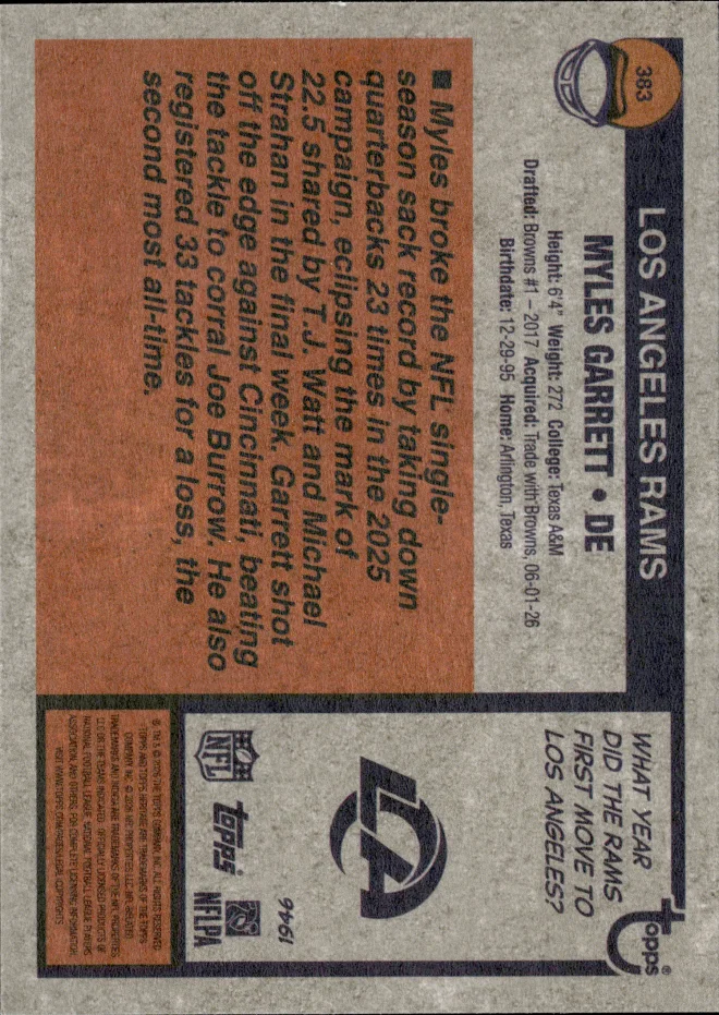 Myles Garrett card back