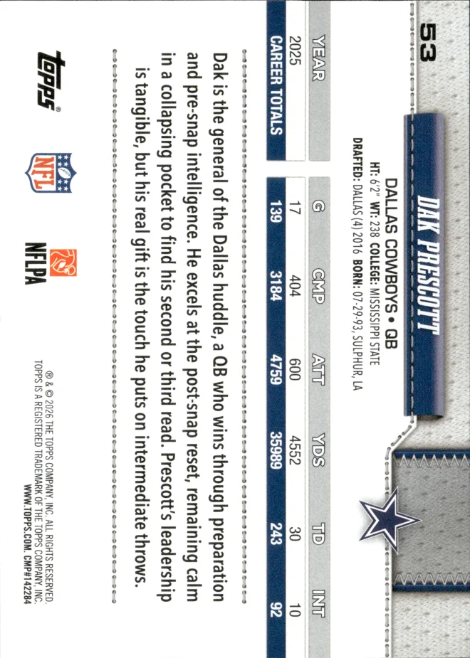 Dak Prescott card back