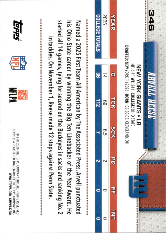 Arvell Reese card back