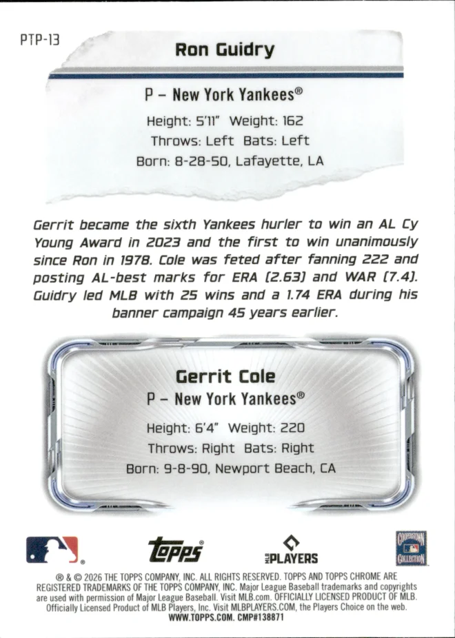 Ron Guidry / Gerrit Cole card back