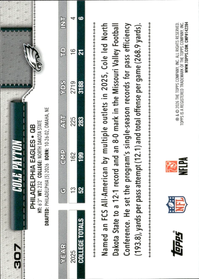 Cole Payton card back