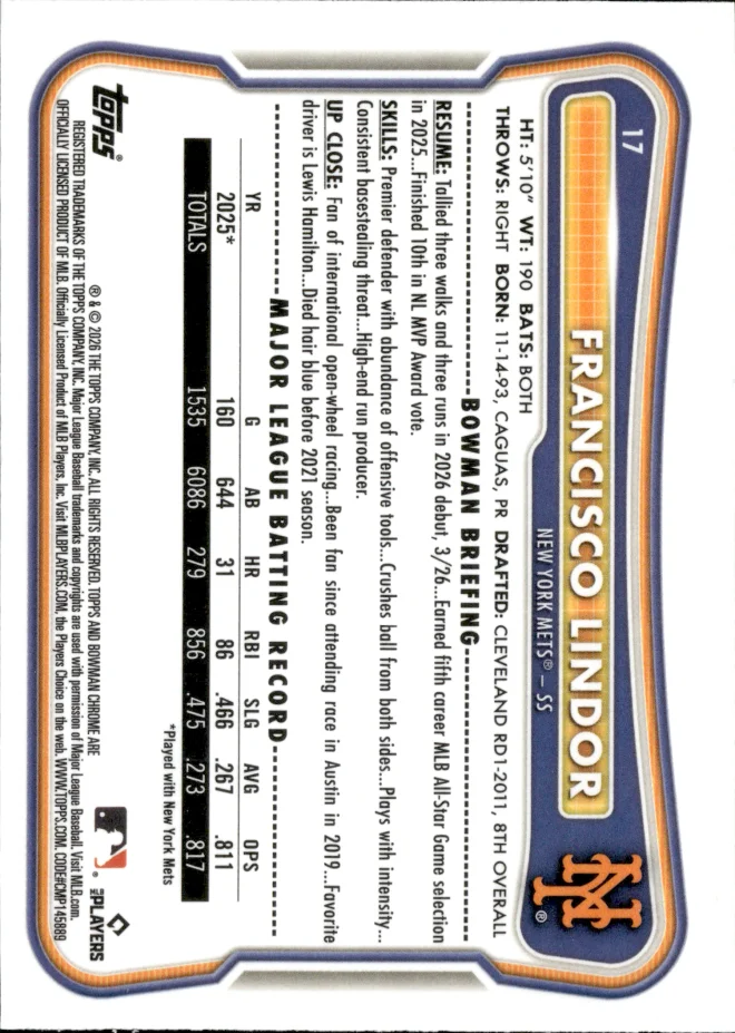 Francisco Lindor card back