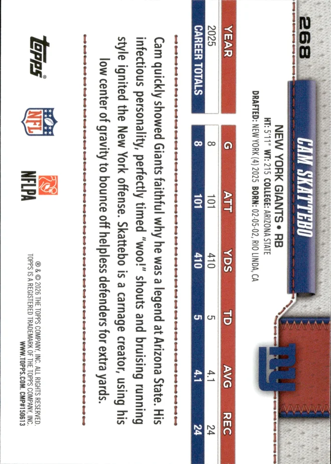Cam Skattebo card back