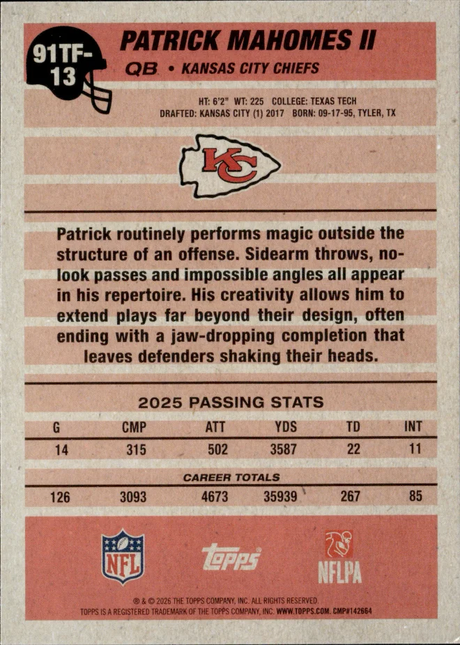 Patrick Mahomes II card back