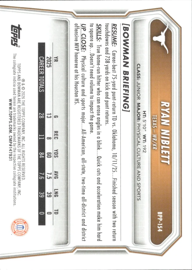 Ryan Niblett card back