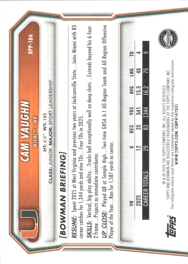 Cam Vaughn card back