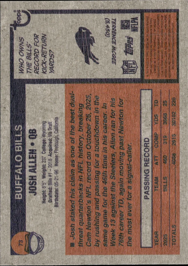Josh Allen card back