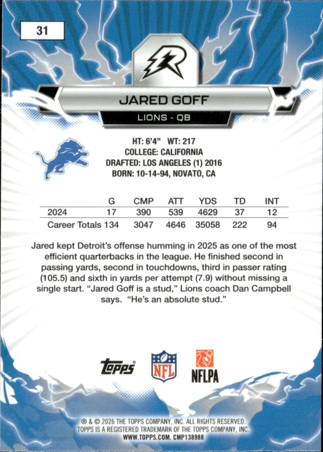 Jared Goff card back