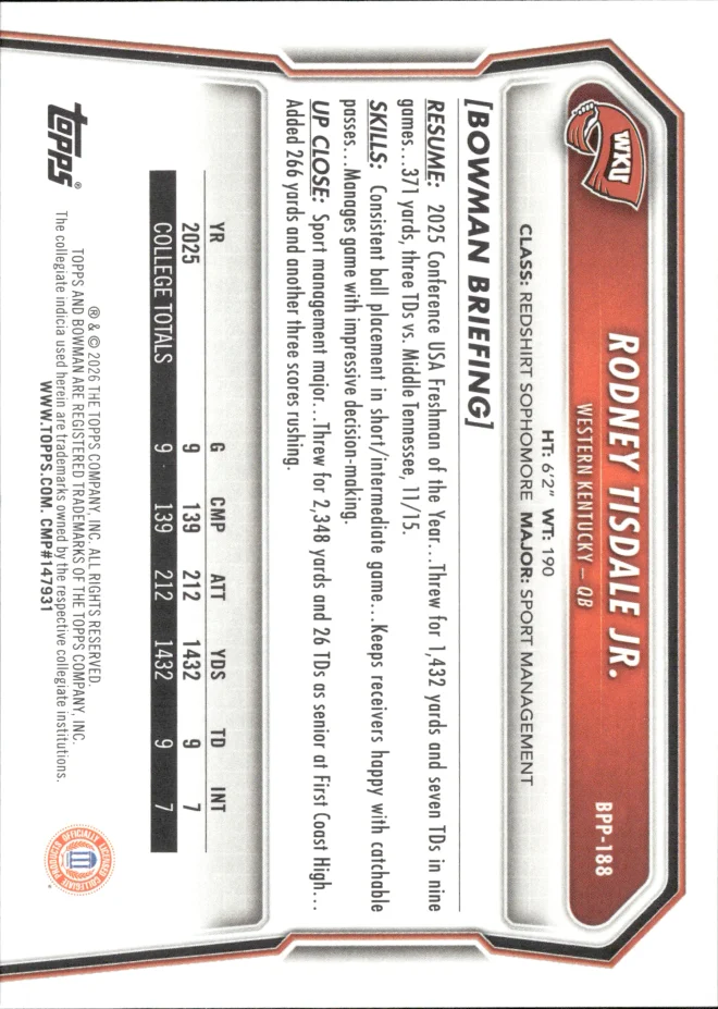 Rodney Tisdale Jr. card back