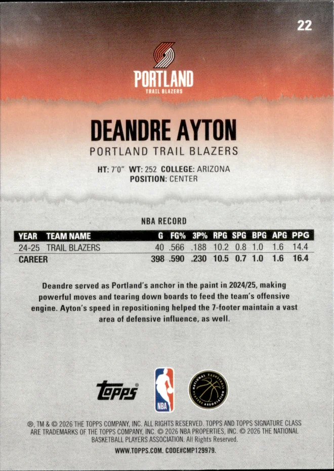 Deandre Ayton card back