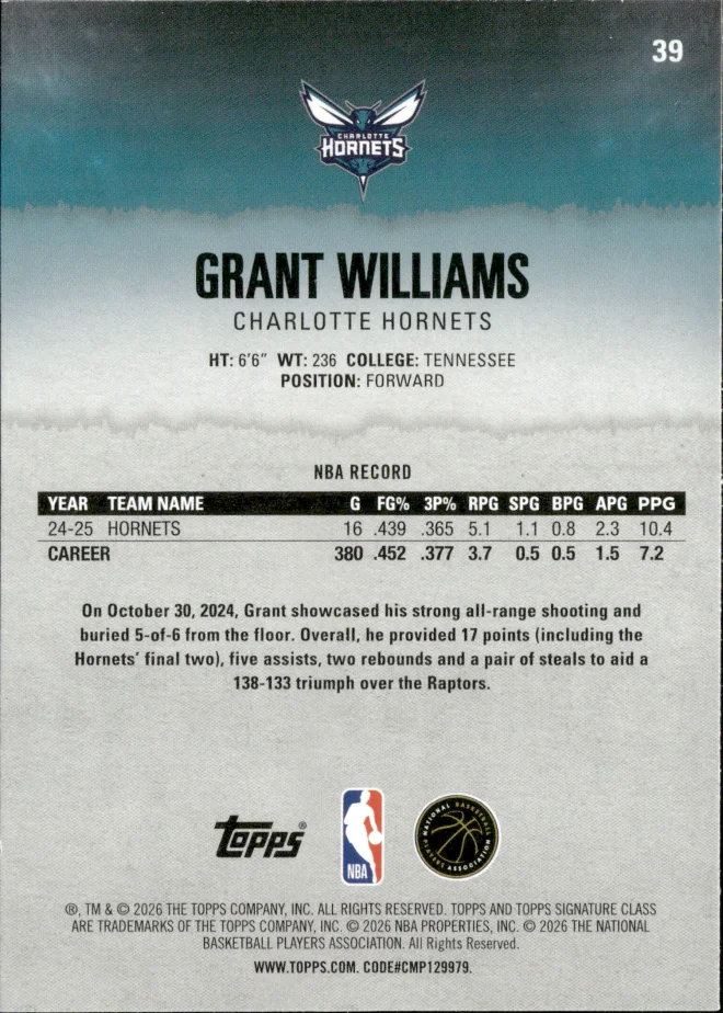 Grant Williams card back