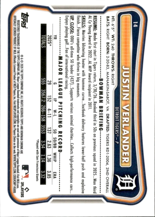 Justin Verlander card back