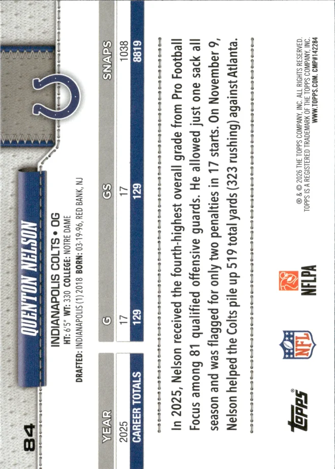 Quenton Nelson card back