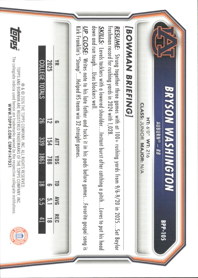 Bryson Washington card back