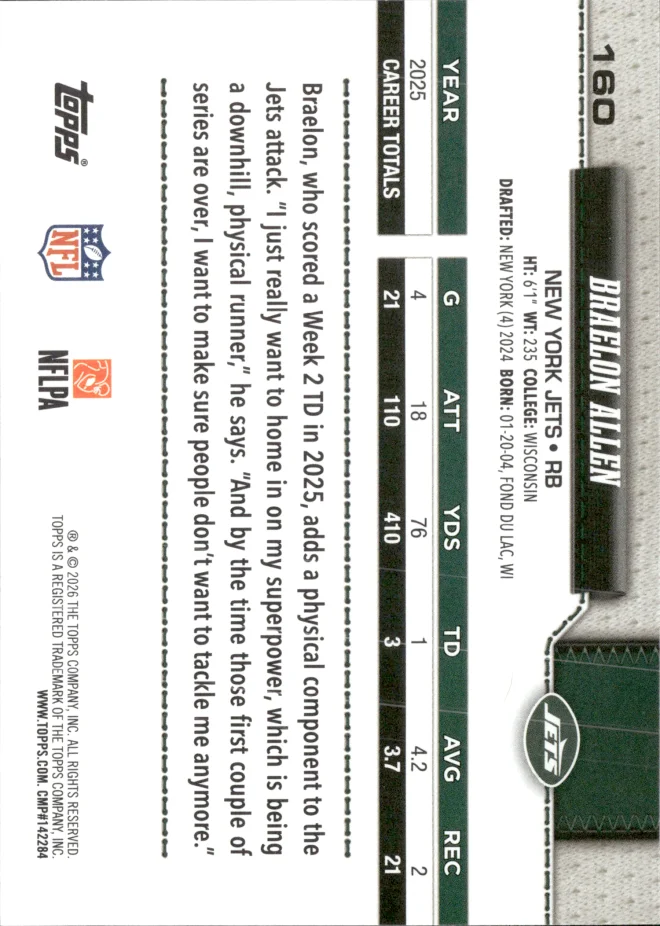 Braelon Allen card back