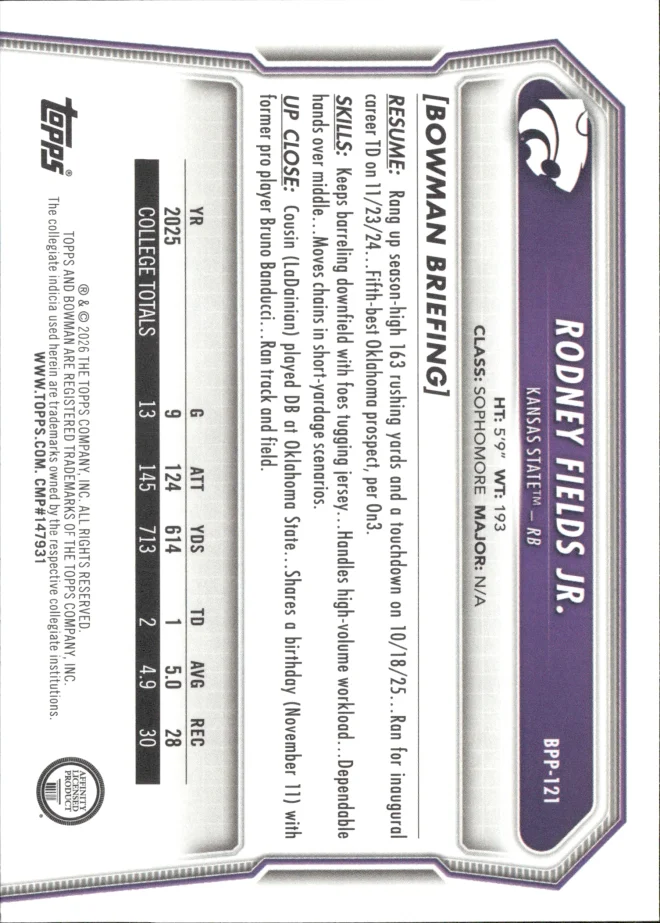 Rodney Fields Jr. card back