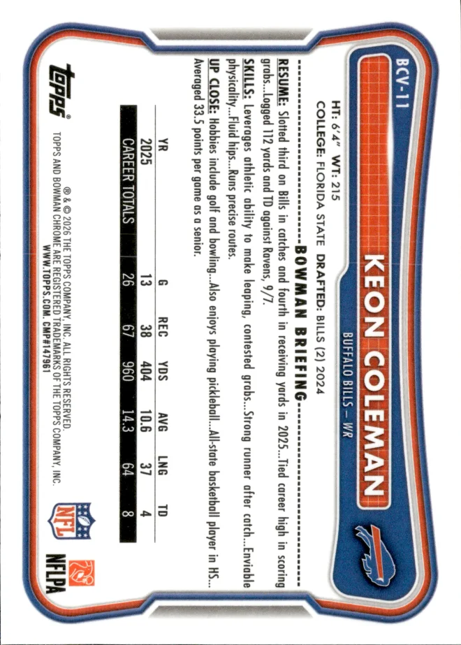 Keon Coleman card back