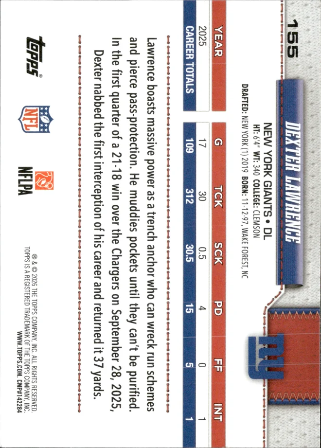 Dexter Lawrence card back