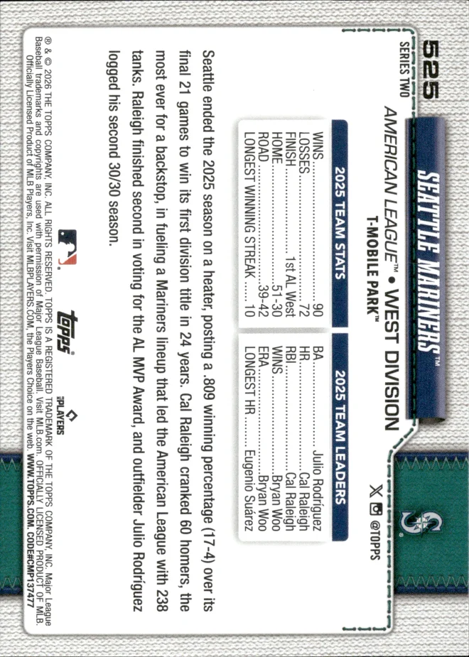 Seattle Mariners card back