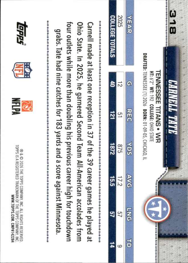 Carnell Tate card back