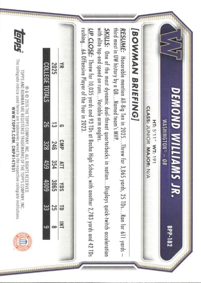 Demond Williams Jr. card back