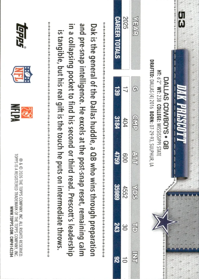 Dak Prescott card back