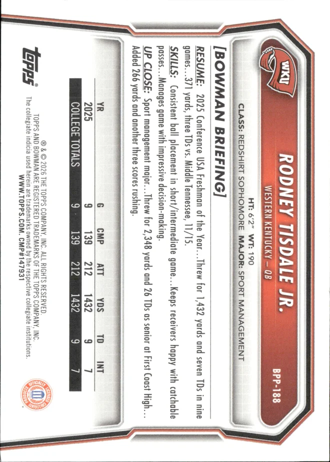 Rodney Tisdale Jr. card back