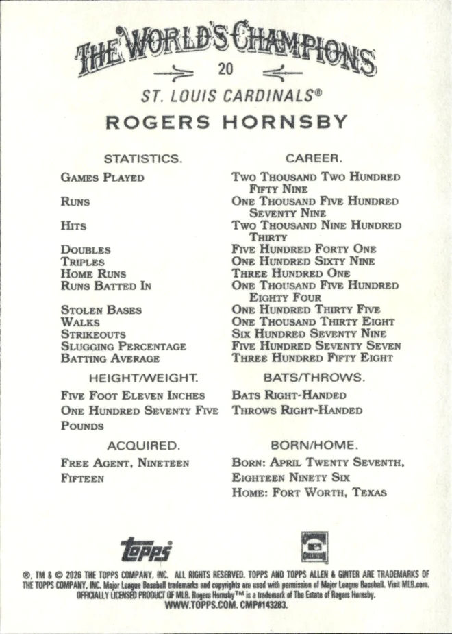 Rogers Hornsby card back