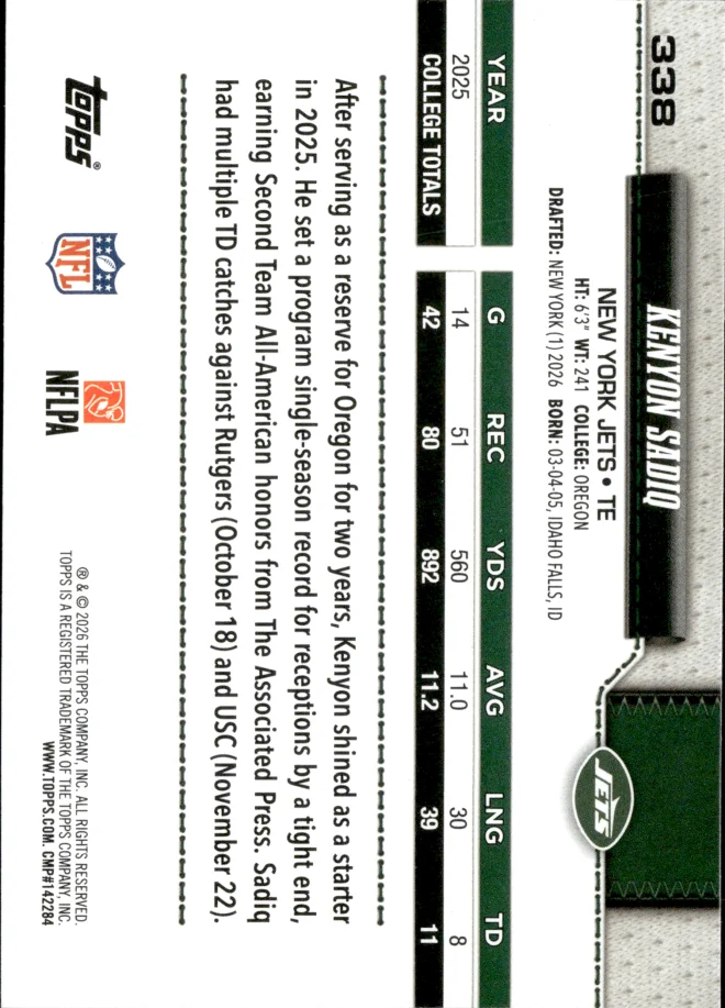 Kenyon Sadiq card back