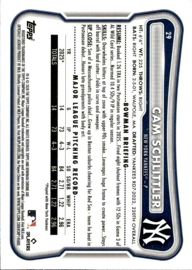 Cam Schlittler card back