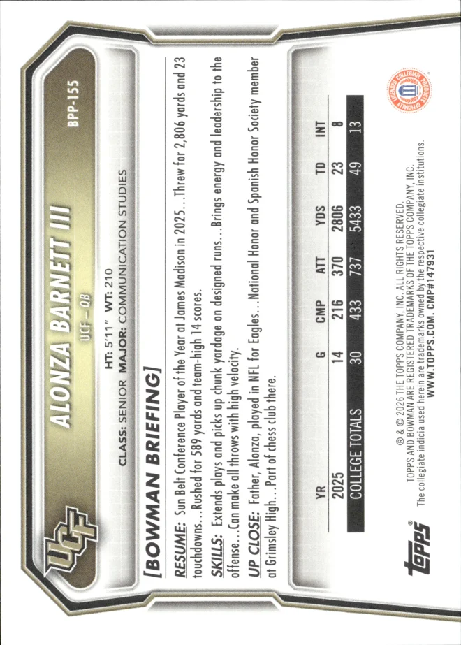 Alonza Barnett III card back