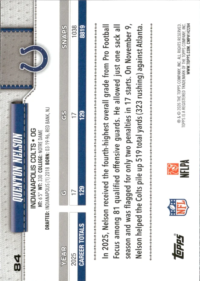 Quenton Nelson card back